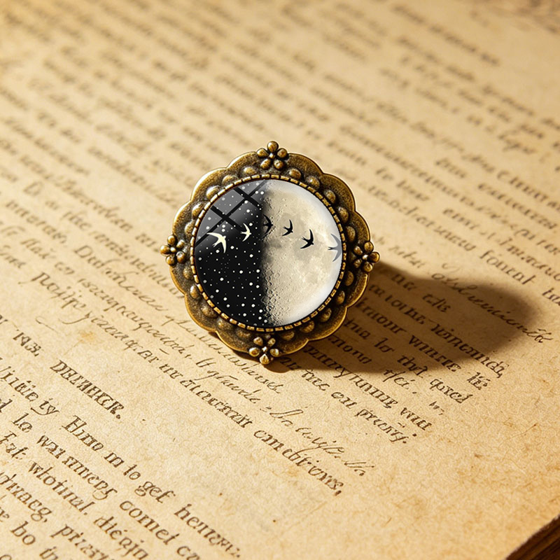 Moon & Swallows Starry Night Round Glass Flower Brooch